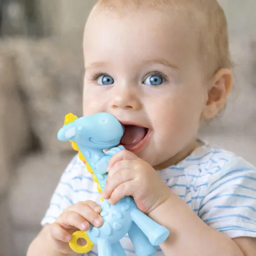 Vista 2 de SHARE&CARE Juguete mordedor de silicona sin BPA con estuche de almacenamiento, para niños mayores de 3 meses, alivio del dolor de encías y baby Azul