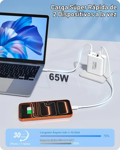 Vista 6 de FEEL2NICE - Bloque de cargador USB C de 100 W, cargador de pared rápido de 5 puertos [3 PD USB-C y 2 QC 3.0 USB-A], adaptador compacto para MacBook