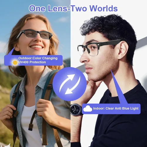 Vista 3 de Lentes inteligentes para hombres y mujeres, gafas Bluetooth con lentes fotocromáticas, micrófono y altavoces integrados, IPX5 impermeable, asistente