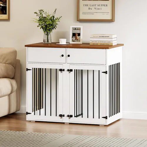 Vista 7 de Mueble de jaula para perros grande, perrera de interior de 41 pulgadas con divisor removible y puertas dobles, jaulas de madera para perros para 2