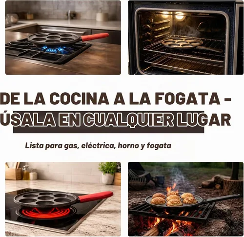 Vista 6 de KUHA Sartén Aebleskiver de hierro fundido – Auténtica máquina danesa para panqueques Aebleskiver, Poffertjes, Takoyaki, Appam, Kuli Paniyaram