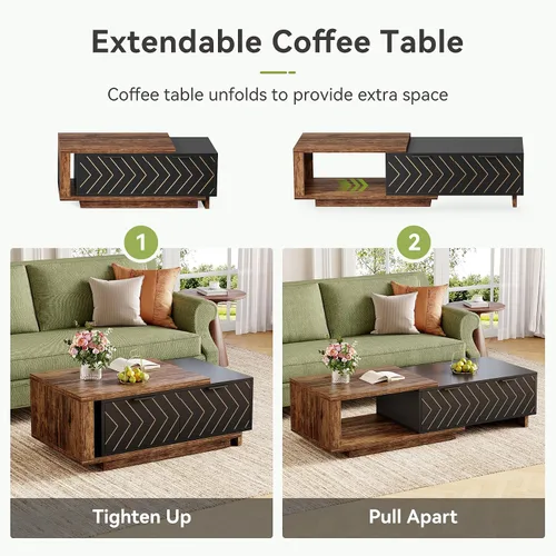 Vista 8 de LITTLE TREE Mesa auxiliar de madera expandible con 2 cajones, mesa central rectangular de granja que ahorra espacio, perfecta para sala de estar