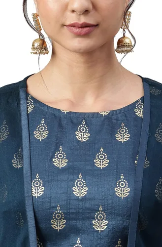 Vista 8 de Janasya Top corto indio con estampado de lámina de seda de poliéster verde azulado con palazzo y chaqueta