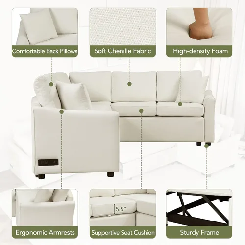 Vista 4 de JIVOIT Sofá cama moderno en forma de L con dos almohadas de respaldo, sofá cama modular de 124.8 pulgadas con cama extraíble, sofá modular Beige 052