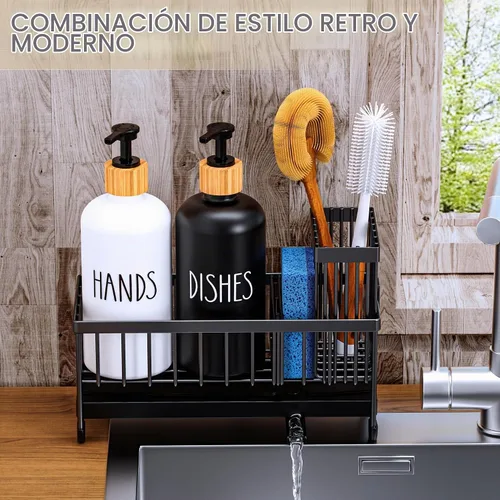 Vista 7 de Cisily Juego de dispensador de jabón de cocina con organizador para fregadero, botella de vidrio, dispensador de jabón para manos y platos