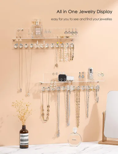 Vista 2 de Organizador de joyas colgante de acrílico montado en la pared con estante flotante, organizador de collar y organizador de aretes para mujeres