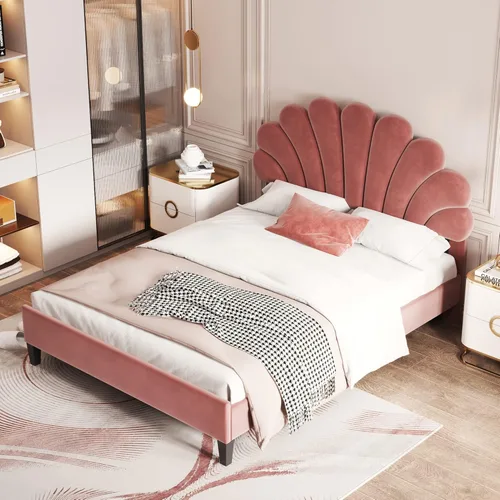 Vista 5 de DEINPPA Base de cama tapizada tamaño matrimonial con cabecera ajustable de flores elegantes, cama de plataforma de terciopelo con soporte