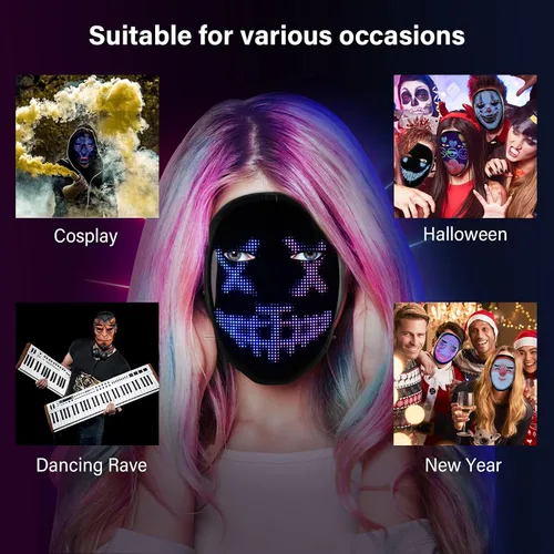 Vista 6 de Máscara de Halloween LED transformadora de cara con Bluetooth programable para disfraces de mascarada cosplay fiesta máscara iluminada