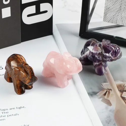 Vista 5 de SMQ Estatua de decoración de elefante de cristales de amatista de 2.0 pulgadas, piedras preciosas talladas a mano, figuras de cristal de buena