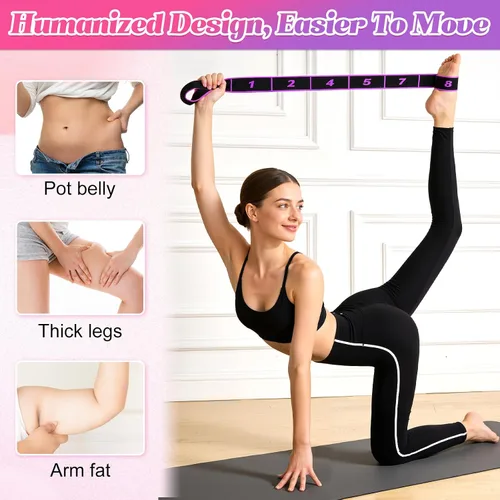 Vista 7 de Bandas de resistencia de fitness con asas, banda ajustable para estiramiento y yoga para todo el cuerpo, banda elástica de entrenamiento de 8
