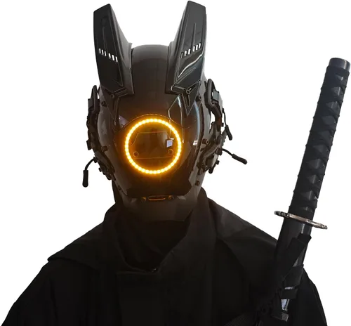 Vista 6 de Techwear - Máscara punk, máscara de samurái con luz LED, máscara de anime para cosplay de Halloween