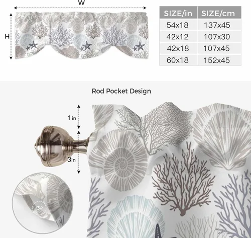 Vista 7 de Cenefa de amarre para ventanas, cortinas náuticas costeras de coral, cenefas con bolsillo para barra, cortinas de ventana con temática de playa