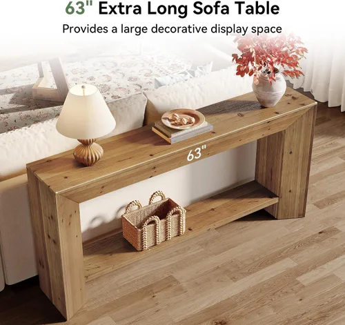Vista 6 de Mesa consola de madera maciza, mesa de entrada de 63 pulgadas con almacenamiento, mesa de sofá de madera larga de 2 niveles detrás del sofá