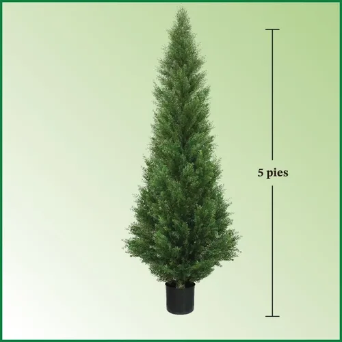 Vista 2 de Dos árboles topiarios artificiales de cedro para exteriores de 5 pies, plantas en maceta, construcción de dos piezas