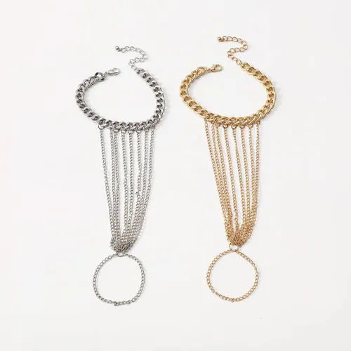 Vista 8 de Pulsera de anillo de cadena de mano esclava, pulsera de anillo de dedo de cadena bohemia con borlas para mujeres y niñas