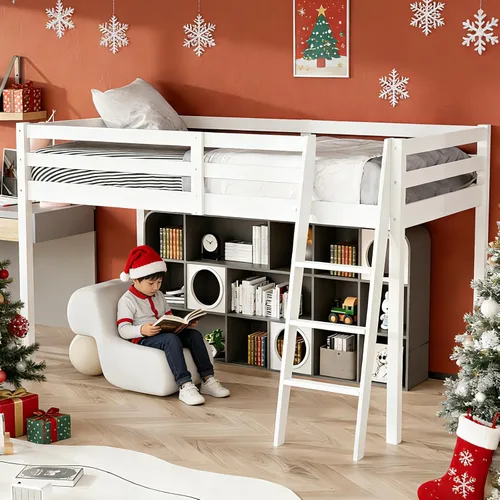 Vista 21 de VINGLI - Cama tipo loft baja de 47'' para junior con escaleras, cama de madera tamaño individual para adultos, niños y adolescentes jóvenes, sin