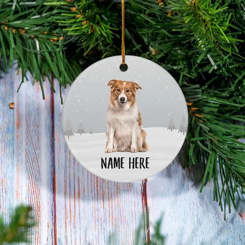 Vista 2 de Adorno de árbol de Navidad rojo con nombre personalizado, diseño de Border Collie, decoración de cerámica, regalos para mamá de perro