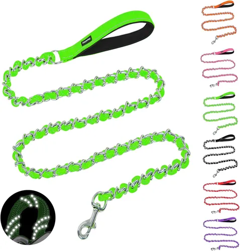 Vista 15 de HOMIMP Correa de perro a prueba de mordidas para perros medianos y grandes, correa reflectante de cadena de metal resistente de 6 pies con mango