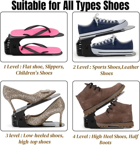 Vista 4 de Noamus Paquete de 24 ranuras para zapatos, apiladores de zapatos ajustables de 4 niveles, soporte de almacenamiento de zapatos de doble cubierta