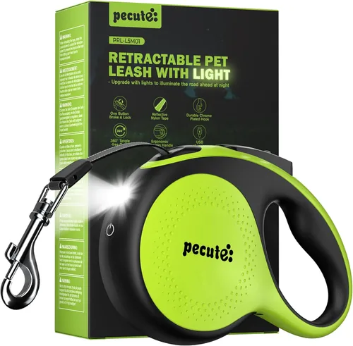 Vista 11 de Pecute Correa retráctil para perro con linterna, correa retráctil resistente de 26 pies para mascotas con luz, control de un botón, protección