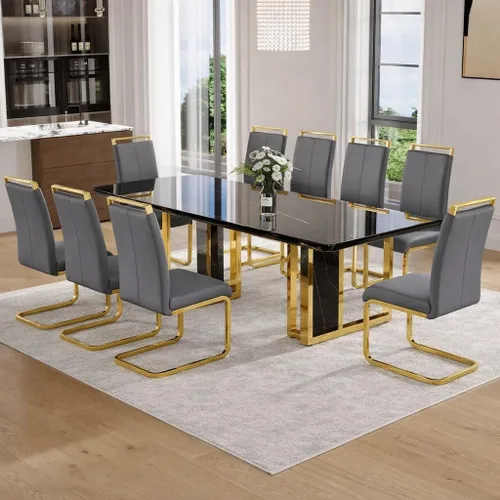Vista 10 de Juego de mesa de comedor de mármol negro dorado de 79 pulgadas para 8 Sillas negras+oro