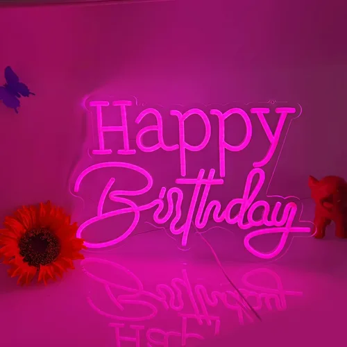 Vista 6 de Letrero de neón LED rosa de feliz cumpleaños, luz nocturna para decoración de pared, fiesta, dormitorio, habitación, bar, boda, hogar, cumpleaños