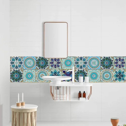 Vista 7 de 25 calcomanías de azulejos estilo mandala, murales tradicionales de bricolaje de 4 x 4 pulgadas, azulejos impermeables a prueba de aceite, Mtl-01