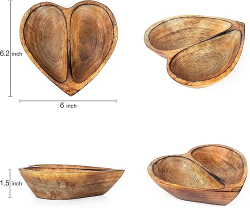 Vista 2 de WitnyStore Cuenco en forma de corazón de 6 pulgadas, funcional y coleccionable, cuenco de madera hecho a mano para servir frutos secos, postres