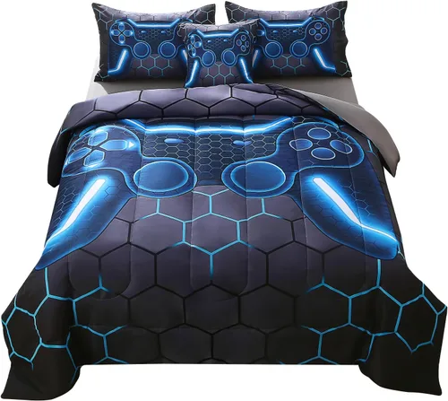 Vista 21 de JQinHome - Juego de edredón Gamer individual para niños y niñas, juego de cama en una bolsa de 6 piezas con diseño de videojuego 3D - Juego de ropa