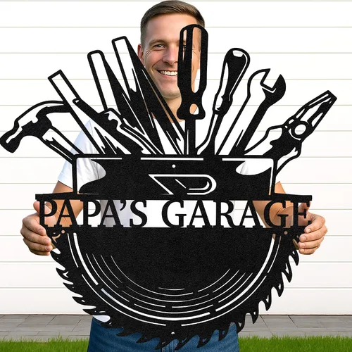 Vista 37 de Letrero de metal personalizado para garaje, arte de pared personalizado para hombres, decoración de taller mecánico con nombre, decoración