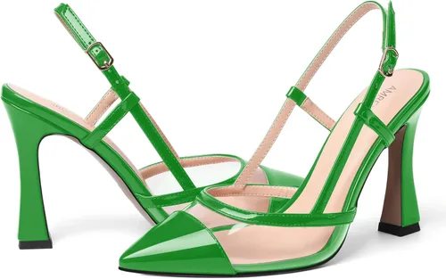 Vista 6 de Zapatos de vestir con puntera puntiaguda transparente para mujer, sandalias de charol grueso para citas, zapatos de tacón alto de aguja de 4 pulgadas