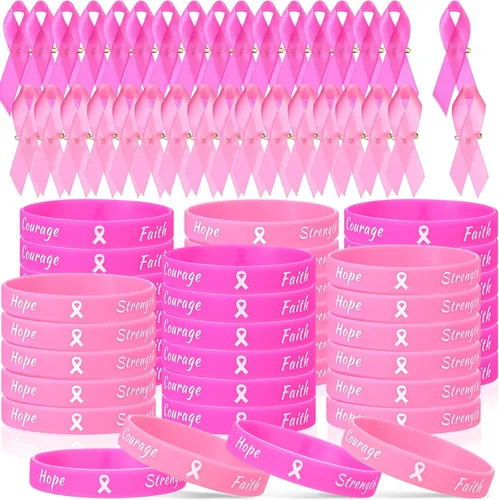 Vista 6 de Sratte 400 Pcs Breast Cancer Awareness Lapel Pins and Ribbon Bracelets, 200 Rubber Wristbands, 200 Ribbon Pins, Breast Cancer Awareness Accessories