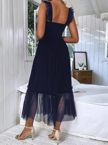 Vista 2 de Floerns Vestido largo de malla sin mangas con dobladillo plisado y volantes para mujer