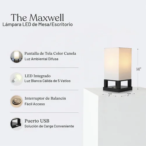 Vista 4 de Brightech Maxwell Lámpara de Mesita de Noche con Puerto USB – Lámpara de Mesa Compacta para Dormitorio, Sala de Estar - Moderna Lámpara Asiática