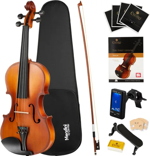 Vista 9 de Violín Mendini de madera sólida, libro de lecciones, cuerdas extra, sintonizador violín, arco y estuche