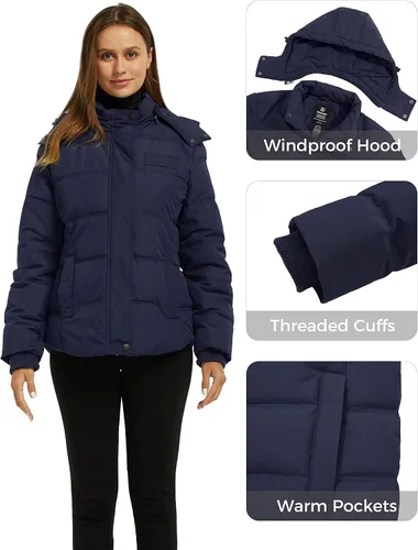 Vista 6 de Wantdo Abrigo de invierno cálido con capucha para mujer, chaqueta acolchada gruesa con capucha extraíble