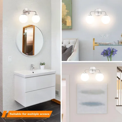 Vista 4 de Luces modernas de tocador de baño de níquel cepillado de 2 luces, accesorios de iluminación de baño sobre espejo con pantalla de globo de vidrio