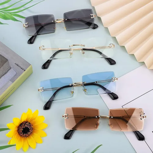 Vista 4 de URATOT Paquete de 4 lentes de sol rectangulares sin montura vintage sin montura retro gafas de sol con marco de metal para hombres y mujeres