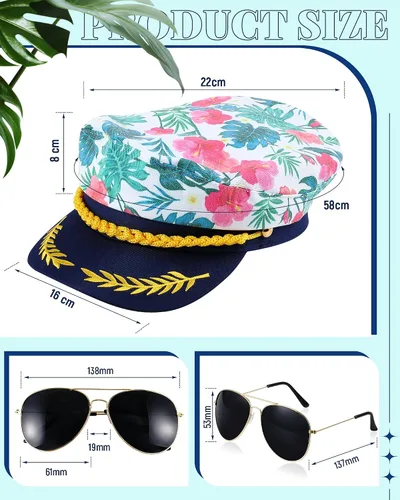 Vista 2 de Mepase 4 sombreros de capitán ajustables florales para disfraz de marinero y 4 pares de lentes de sol clásicos de metal para mujeres y hombres