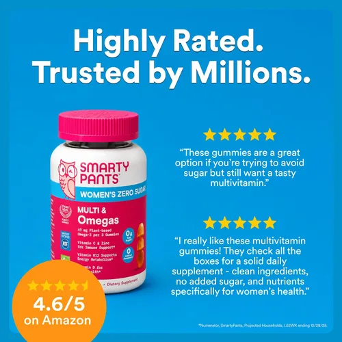 Vista 4 de SmartyPants Gomitas multivitamínicas Zero Sugar para mujeres: biotina, metilfolato, omega 3 (ALA), vitamina D3, C, vitamina B12, B6, A, K, zinc