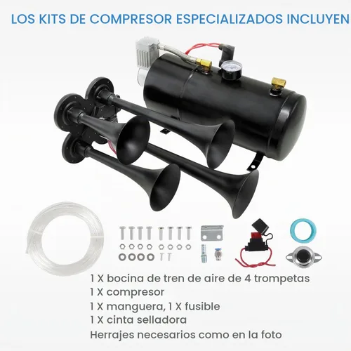 Vista 3 de Kit de bocinas de tren de 150DB con 4 trompetas, súper fuerte con compresor de aire de 150 PSI 12V, tanque compresor de bocina de aire