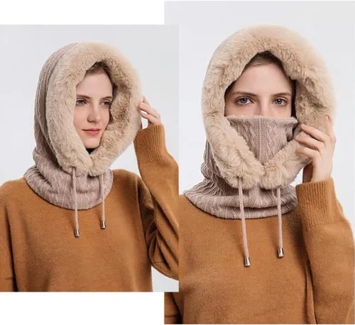 Vista 3 de Gorro de forro polar holgado de una pieza para mujer, bufanda con capucha, pasamontañas, cálido invierno, resistente al viento, con cordón