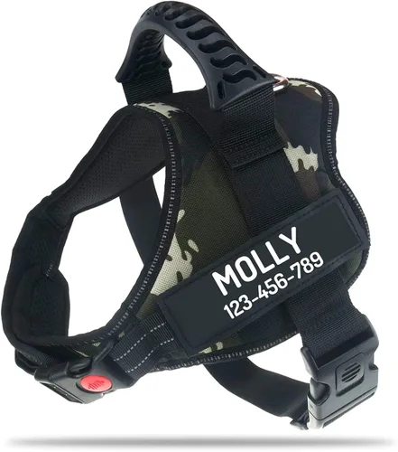 Vista 16 de Arnés de perro personalizado anti tirón con nombre y número de teléfono personalizados de PawPawify, arnés resistente para evitar tirones, Negro