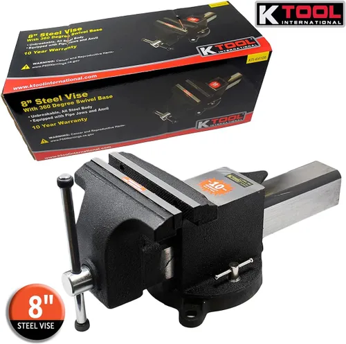 Vista 3 de K Tool International 64108 Tornillo de banco de 8 pulgadas con base giratoria giratoria con bloqueo de 360 grados para garajes, talleres