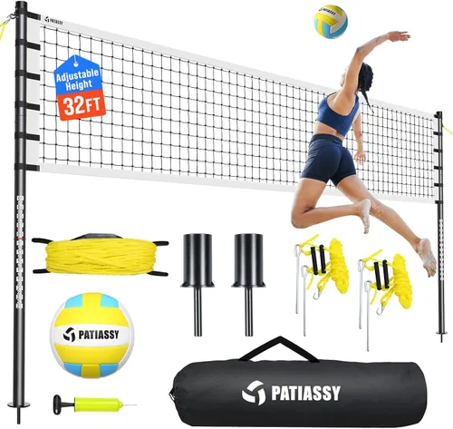 Vista 12 de Outdoor Volleyball Net Set for Backyard & Beach, 32FT Regulation Size, Easy Setup Adjustable Height Poles, Portable Net System with PU Volleyball
