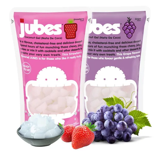 Vista 3 de Jubes Grape Nata De Coco Jelly Cubes 12.7 oz – Cubos de jalea de coco de uva para sagú – Gel de coco en ingredientes de jarabe para té de frutas