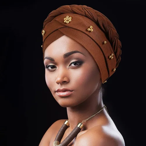 Vista 7 de 6 Pieces Women African Turban Head Wraps Caps Twisted Braid Beaded Elastic Wrap Cap
