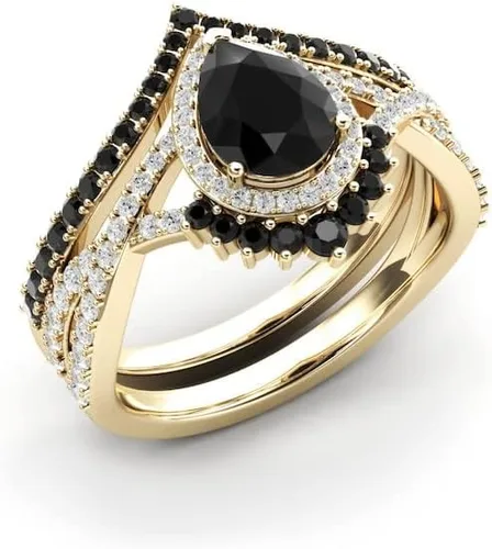 Vista 9 de Anillo de compromiso de ónix negro en forma de pera, halo de oro rosa, único juego de anillos de compromiso de piedra negra para mujer, anillo