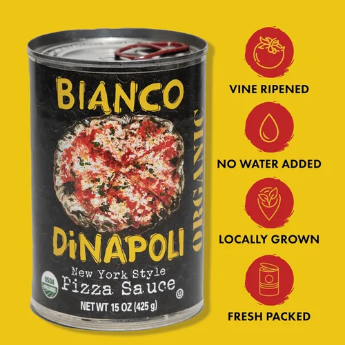 Vista 4 de Salsa orgánica para pizza estilo NY Bianco DiNapoli, 15 onzas (paquete de 8), tomates cultivados en California maduros en la vid, con ajo, especias