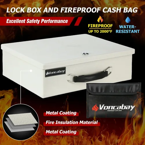 Vista 3 de Voncabay Caja fuerte para dinero para el hogar y bolsa de dinero ignífuga, caja de seguridad de 0.33 pies cúbicos con llaves, caja fuerte portátil